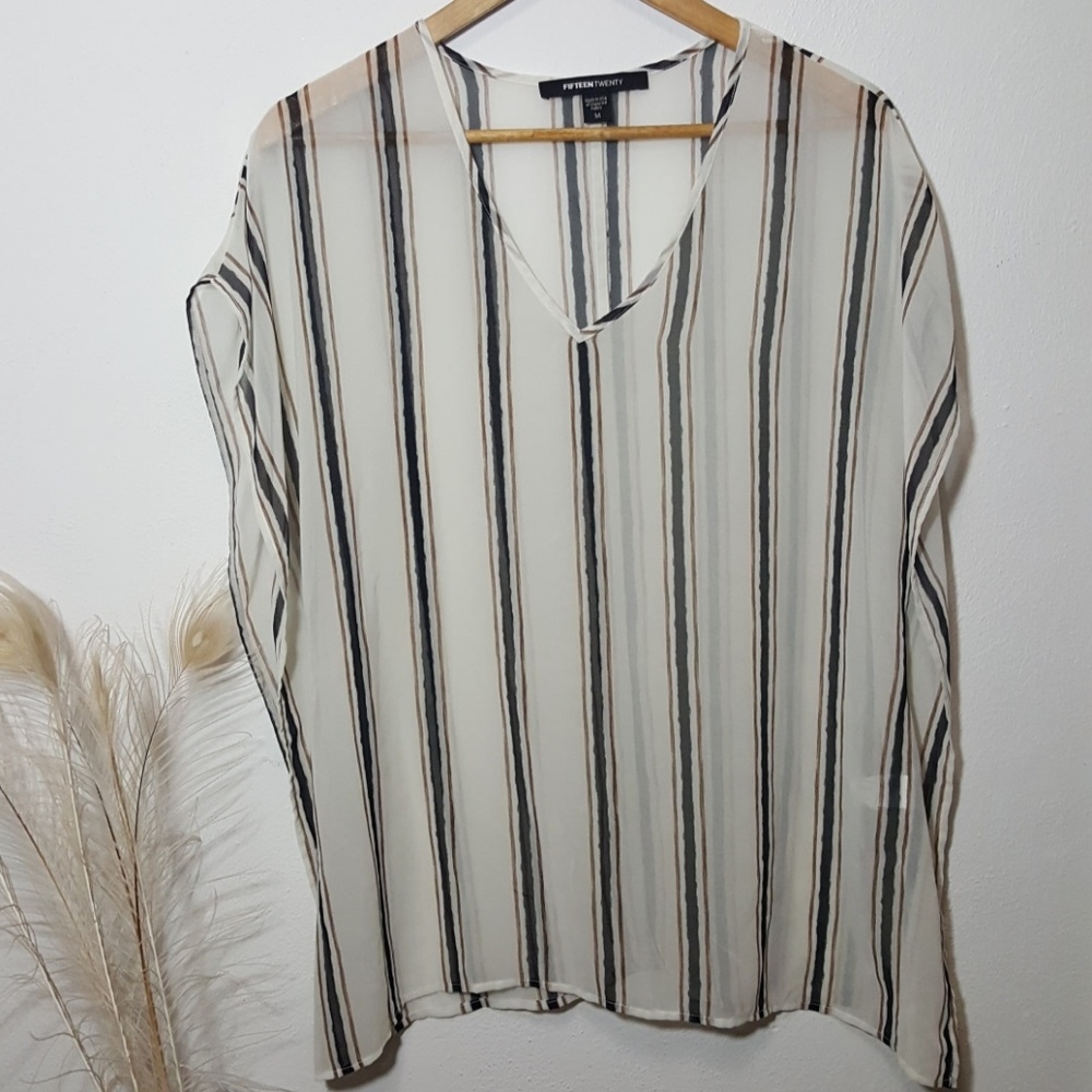 FifteenTwenty Blouse Sheer Cream Stripe Size M